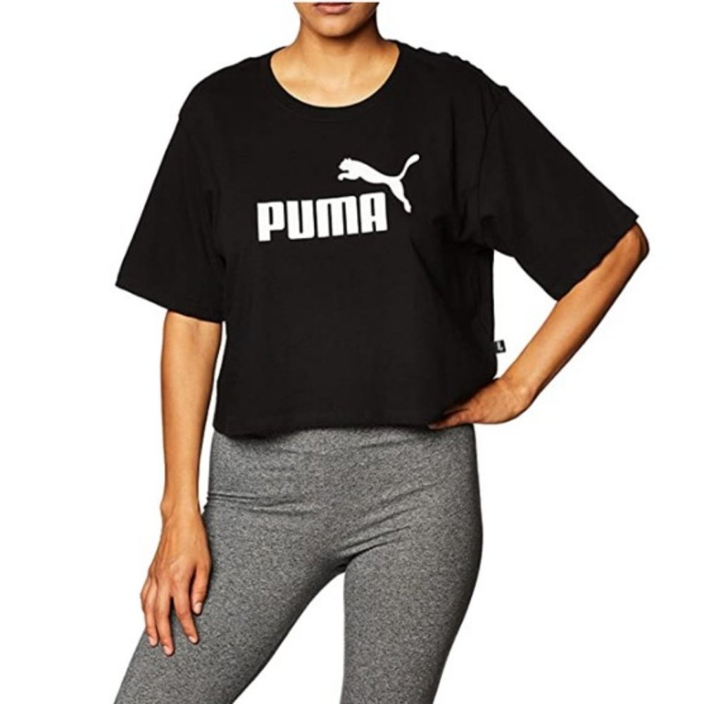 Puma Black Crop Top with white Puma Logo Cropped Tee Women's size L